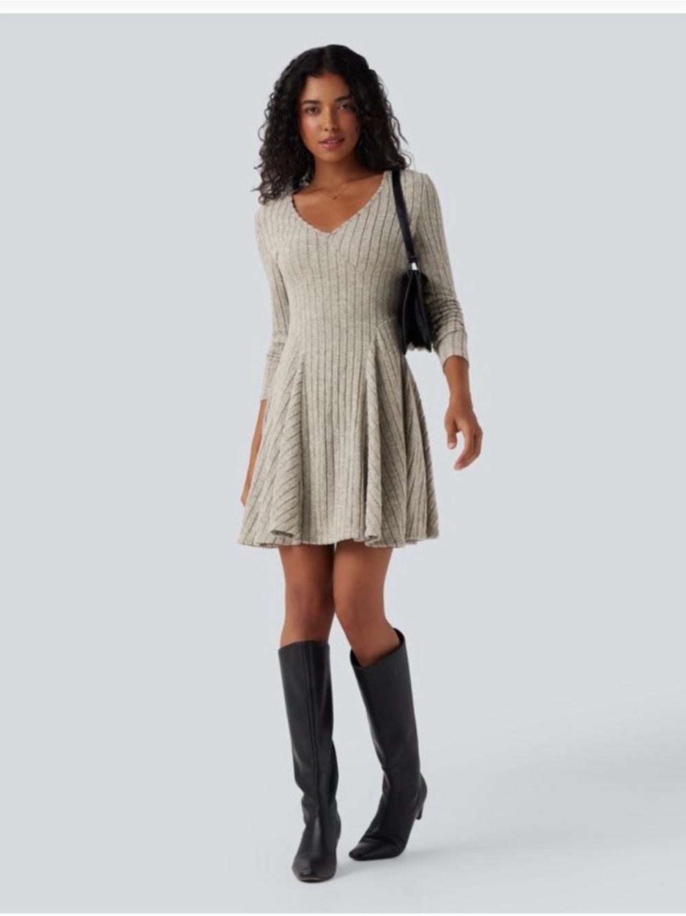 Halara NWT Ribbed Knit V-Neck Long Sleeve Fit Flare Mini Dress Mauve M